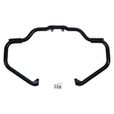 Black motorcycle crash bar with mounting hardware on white background