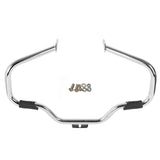 Chrome motorcycle engine guard crash bar with mounting hardware on white background