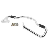Chrome motorcycle engine guard with mounting bolts and nuts on white background