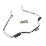 Chrome motorcycle engine guard bar with mounting hardware on white background