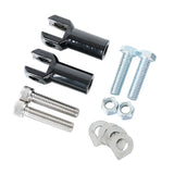 Motorcycle hardware kit with black clevis brackets, bolts, nuts, and washers on white background