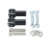 Motorcycle hardware kit with black metal fork mounts, bolts, washers, and nuts on white background