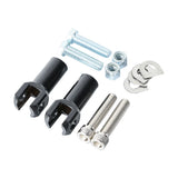 Metal hardware kit with black U-joint connectors, bolts, nuts, and washers on white background
