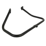 Black metal motorcycle crash bar with mounting brackets on a white background