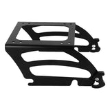 Black metal motorcycle saddlebag side rack with mounting holes on white background