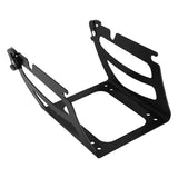 Black metal battery mounting bracket with cutout design on a white background