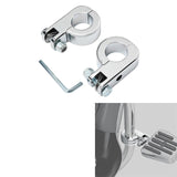 Chrome motorcycle highway peg mounts with bolts, hex key, and mounting example on a bike.