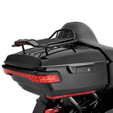 Black motorcycle tour pack trunk with luggage rack and red tail lights