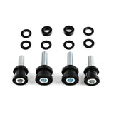 Set of four metal bolts with black washers and bushings on a white background