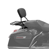 Motorcycle passenger backrest and luggage rack on black touring bike