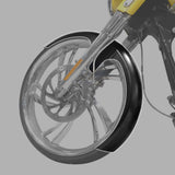 Gloss black custom motorcycle front fender on a chrome wheel with disc brake