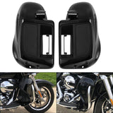 Black motorcycle lower fairings with vents, shown installed on a touring bike front wheel