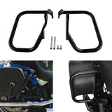 Black motorcycle saddlebag guards with mounting hardware and close-up installation views
