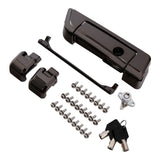 Glossy black tailgate lock kit with brackets, screws, keys, and lock cylinder