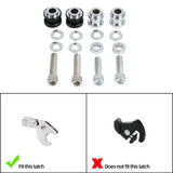 Motorcycle seat bolt kit with washers, spacers, and bolts; latch compatibility shown below.