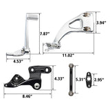 Motorcycle chrome and black foot control parts with measurements in inches displayed
