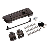 Truck tool box latch lock kit with keys, screws, and metal latches on white background