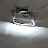 Chrome LED license plate frame with attached wires and bright white illumination