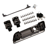 truck tailgate lock kit with handle, hinges, screws, lock cylinder, and keys on white background