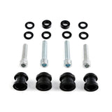 Bicycle hardware kit with four bolts, four bushings, and eight washers on white background