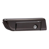 Glossy black car door handle with key lock, isolated on white background