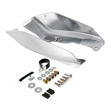 Aluminum motorcycle skid plate with mounting hardware set on white background