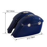 Blue motorcycle saddlebags with chrome locks and size dimensions in inches and cm shown