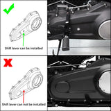 Motorcycle shift lever installation guide comparing compatible and incompatible primary cover types.