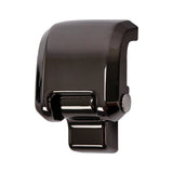 Glossy black metal guitar capo with side button on white background