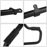 Close-up details of black metal motorcycle handlebars with rubber grips and mounting brackets