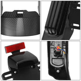 Close-up details of a black carbon fiber motorcycle fender kit with wiring and red reflector