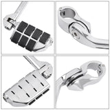 Chrome motorcycle foot pegs and clamps with black rubber grip, close-up details