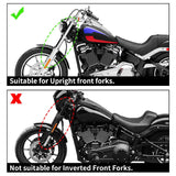 Comparison of motorcycle upright front forks versus inverted front forks, with suitability checkmarks.