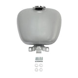 Gray motorcycle gas tank with mounting hardware on white background