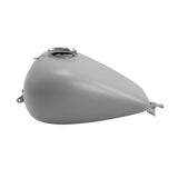 Matte gray motorcycle gas tank with mounting brackets on a white background