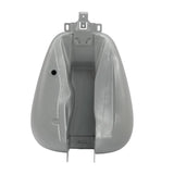 Gray metal motorcycle gas tank bottom view, mounting brackets visible, isolated on white
