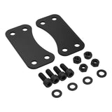 Black metal mounting brackets with bolts, washers, and nuts on white background