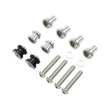 Set of silver and black metal bolts, spacers, and washers on white background