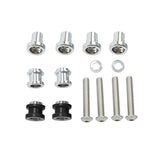 Motorcycle fairing bolt kit with silver and black fasteners, washers, and screws on white background