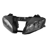 Motorcycle dual headlight assembly with clear lenses and black housing on white background
