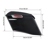 Black motorcycle hard saddlebag with chrome trim, red reflector, and dimensions labeled