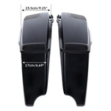 Black motorcycle saddlebags with dimensions, 23.5cm width and 17cm depth, top view