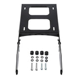 Black metal luggage rack with mounting hardware for motorcycle, isolated on white background.