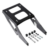Black metal motorcycle luggage rack with mounting hardware on white background