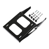 Black metal mounting bracket kit with screws and washers on white background