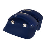 Pair of blue motorcycle saddlebags with chrome locks and latches on white background
