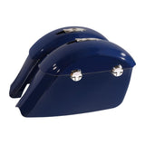 Glossy blue motorcycle saddlebags with chrome locks and hinges on white background