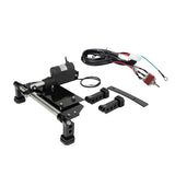 Electric trim tab actuator kit with motor, mounting brackets, wiring, and switch on white background