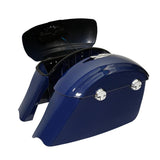 Glossy blue motorcycle hard saddlebags with chrome latches and open lid
