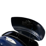 Open blue scooter top case with visible lock mechanism and storage compartment